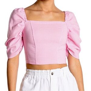Topshop Pink Checkered Puff Sleeve Blouse